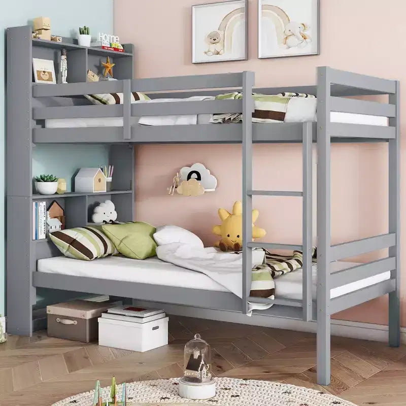 MAYEERTY Twin Bunk Bed with Shelves Headboard Sofety Guardrails and Ladder Cinvertible to 2 Beds for Bedroom Gray