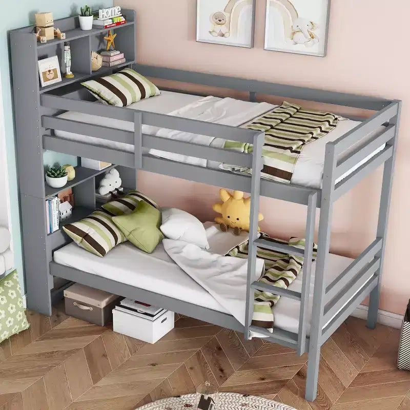 MAYEERTY Twin Bunk Bed with Shelves Headboard Sofety Guardrails and Ladder Cinvertible to 2 Beds for Bedroom Gray