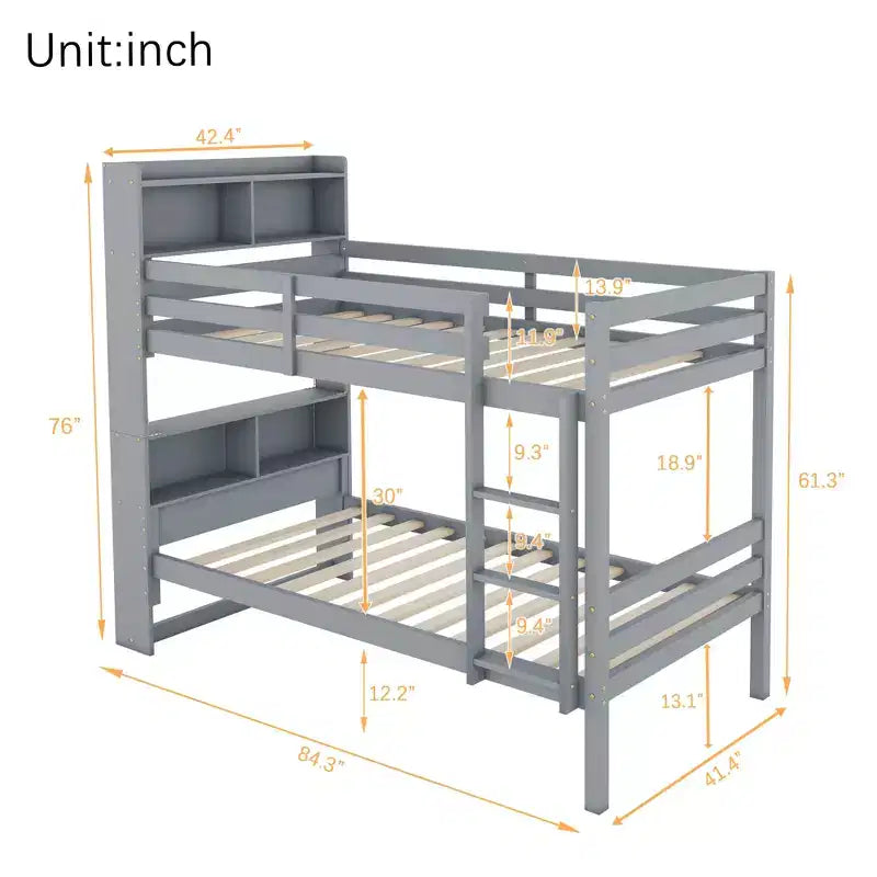 MAYEERTY Twin Bunk Bed with Shelves Headboard Sofety Guardrails and Ladder Cinvertible to 2 Beds for Bedroom Gray