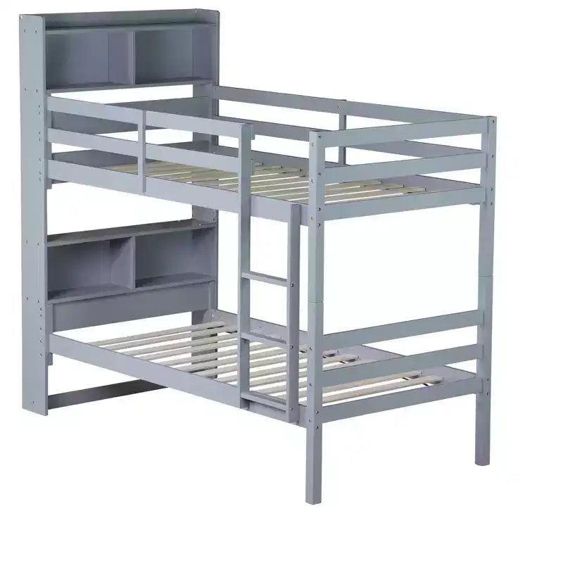 MAYEERTY Twin Bunk Bed with Shelves Headboard Sofety Guardrails and Ladder Cinvertible to 2 Beds for Bedroom Gray