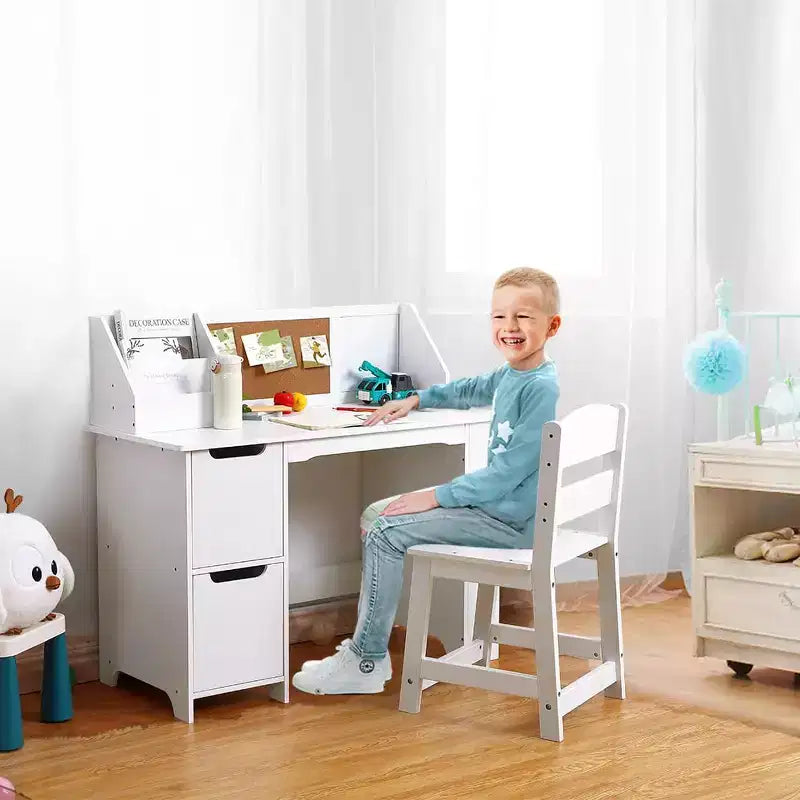 Study Desk and Chair Set, Learning Desk for Kids - Features Bookshelf, Bulletin Board, Cabinets- Perfect for Children Ages 3-8