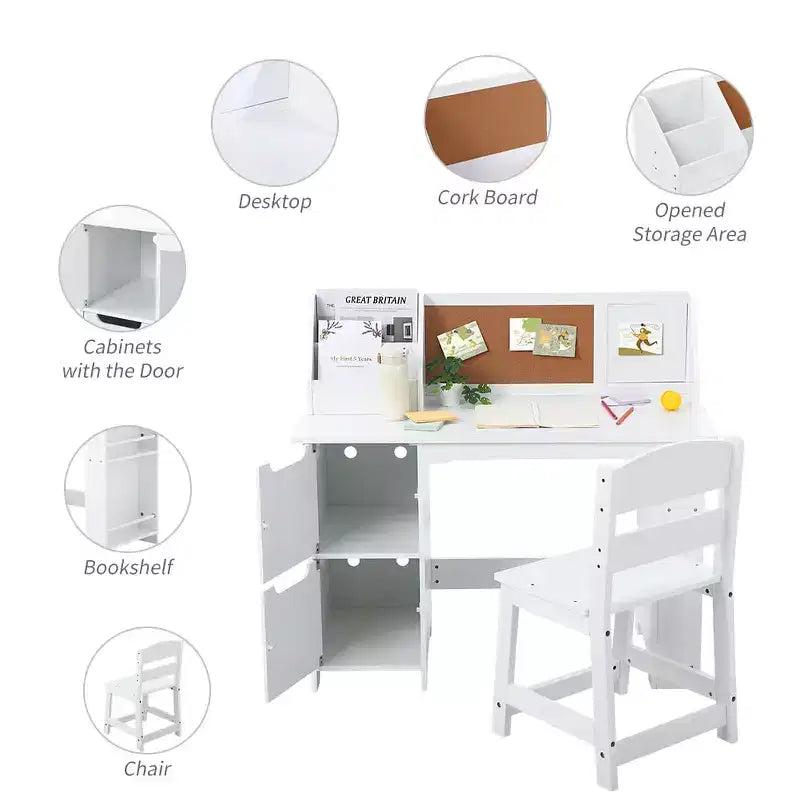 Study Desk and Chair Set, Learning Desk for Kids - Features Bookshelf, Bulletin Board, Cabinets- Perfect for Children Ages 3-8
