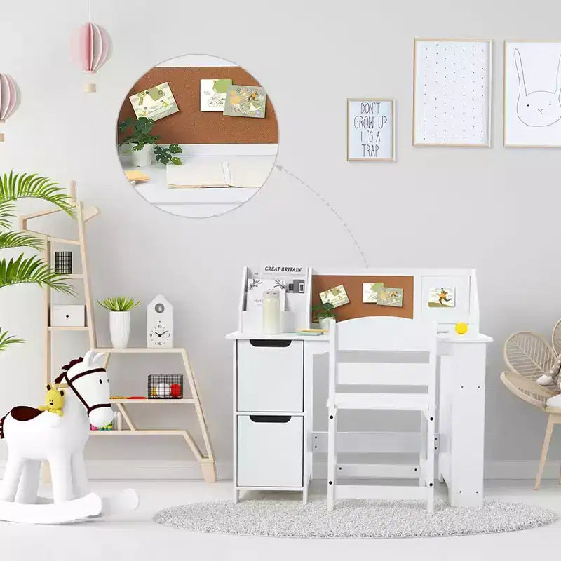 Study Desk and Chair Set, Learning Desk for Kids - Features Bookshelf, Bulletin Board, Cabinets- Perfect for Children Ages 3-8