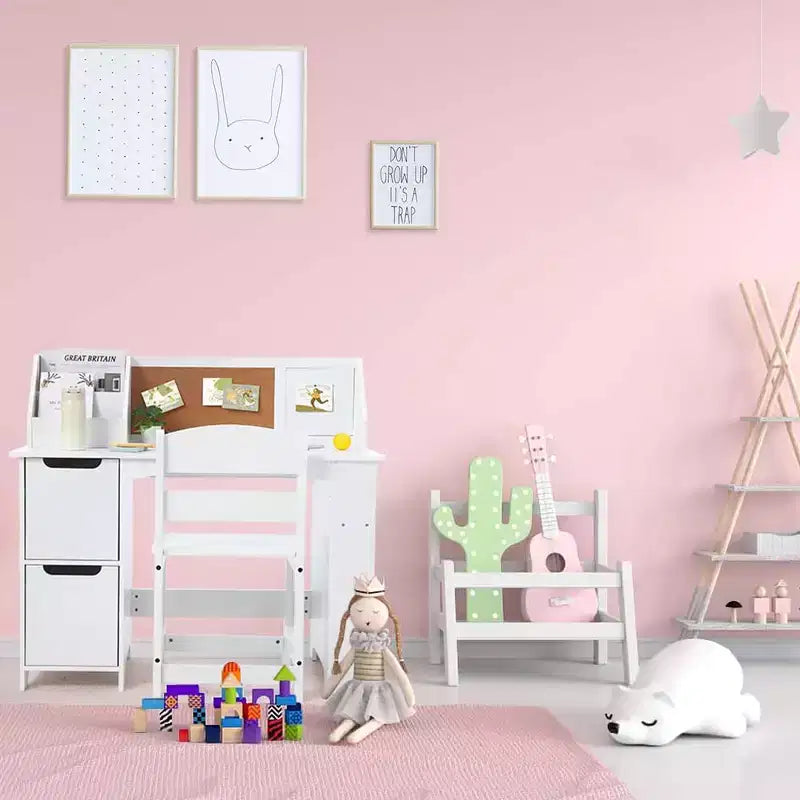 Study Desk and Chair Set, Learning Desk for Kids - Features Bookshelf, Bulletin Board, Cabinets- Perfect for Children Ages 3-8