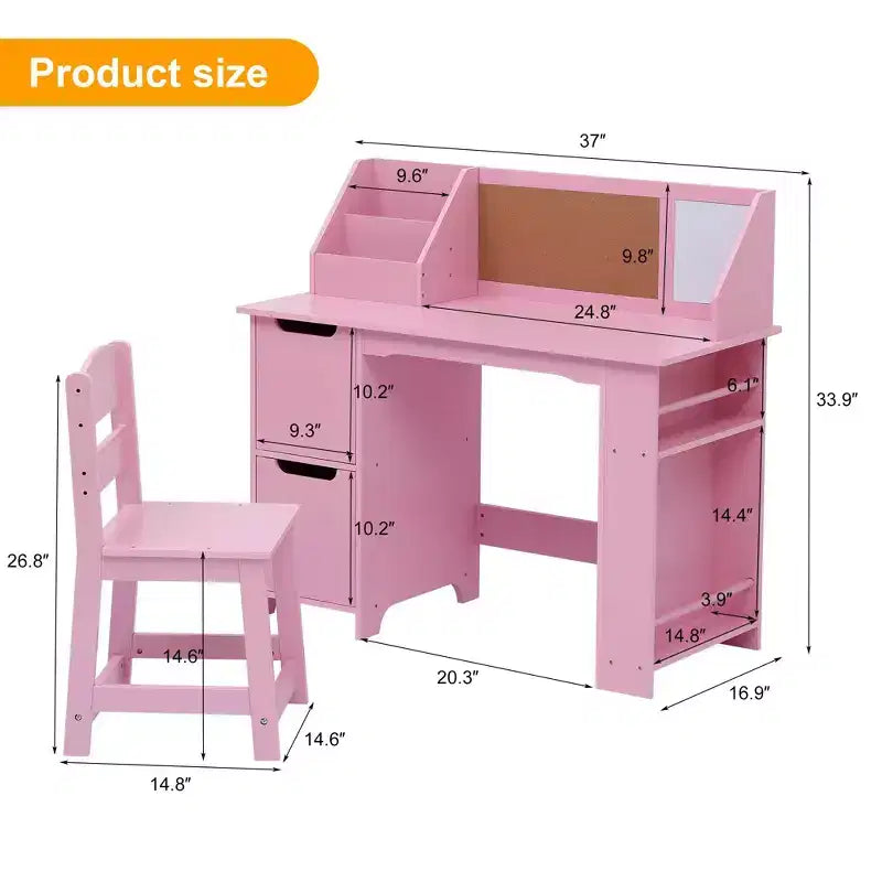 Study Desk and Chair Set, Learning Desk for Kids - Features Bookshelf, Bulletin Board, Cabinets- Perfect for Children Ages 3-8