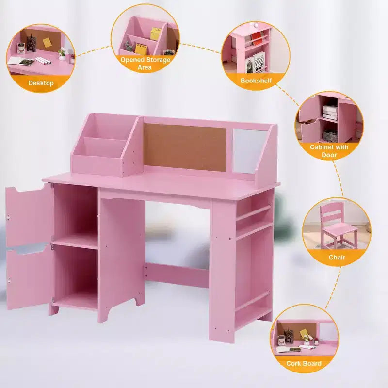 Study Desk and Chair Set, Learning Desk for Kids - Features Bookshelf, Bulletin Board, Cabinets- Perfect for Children Ages 3-8