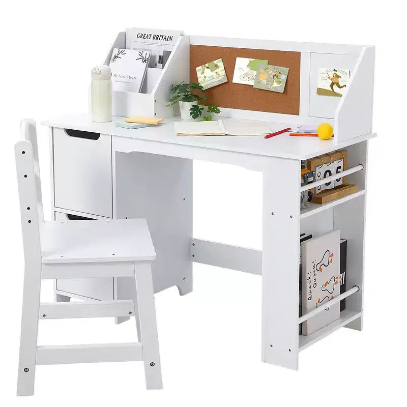 Study Desk and Chair Set, Learning Desk for Kids - Features Bookshelf, Bulletin Board, Cabinets- Perfect for Children Ages 3-8