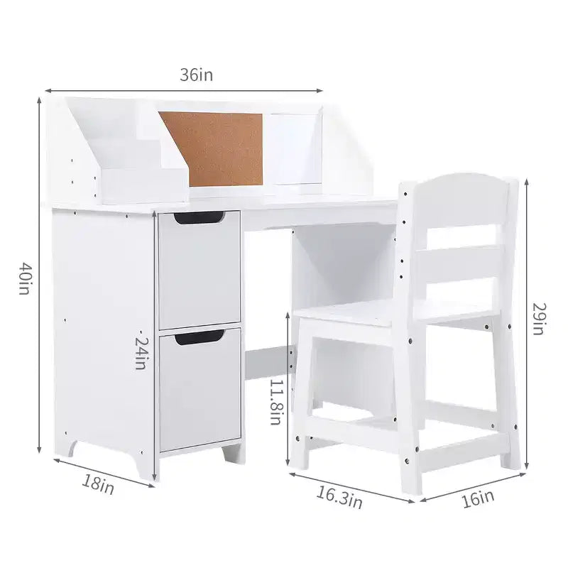 Study Desk and Chair Set, Learning Desk for Kids - Features Bookshelf, Bulletin Board, Cabinets- Perfect for Children Ages 3-8