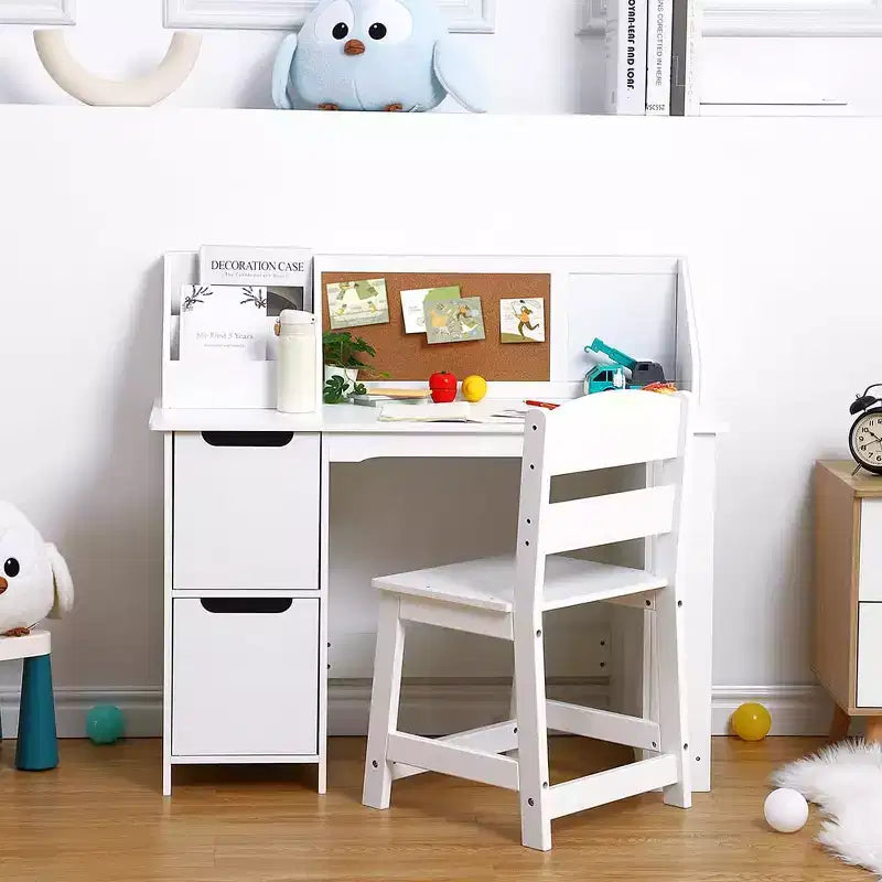 Study Desk and Chair Set, Learning Desk for Kids - Features Bookshelf, Bulletin Board, Cabinets- Perfect for Children Ages 3-8
