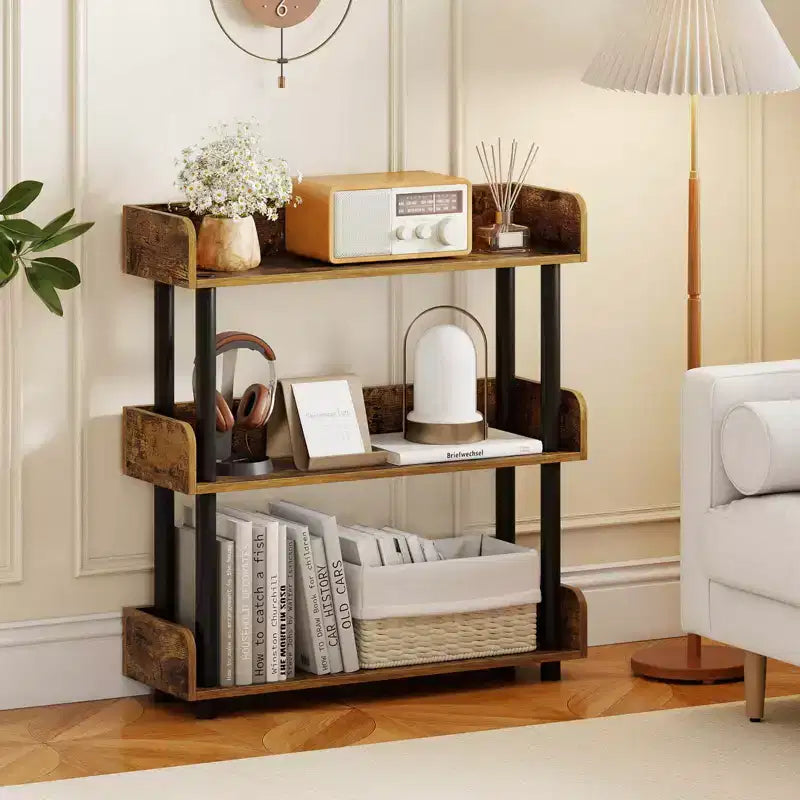 Costway 1/2 PCS 3-Tier Bookshelf with Anti-Tipping Kit, Industrial Storage Unit for Living Room Rustic Brown & Black