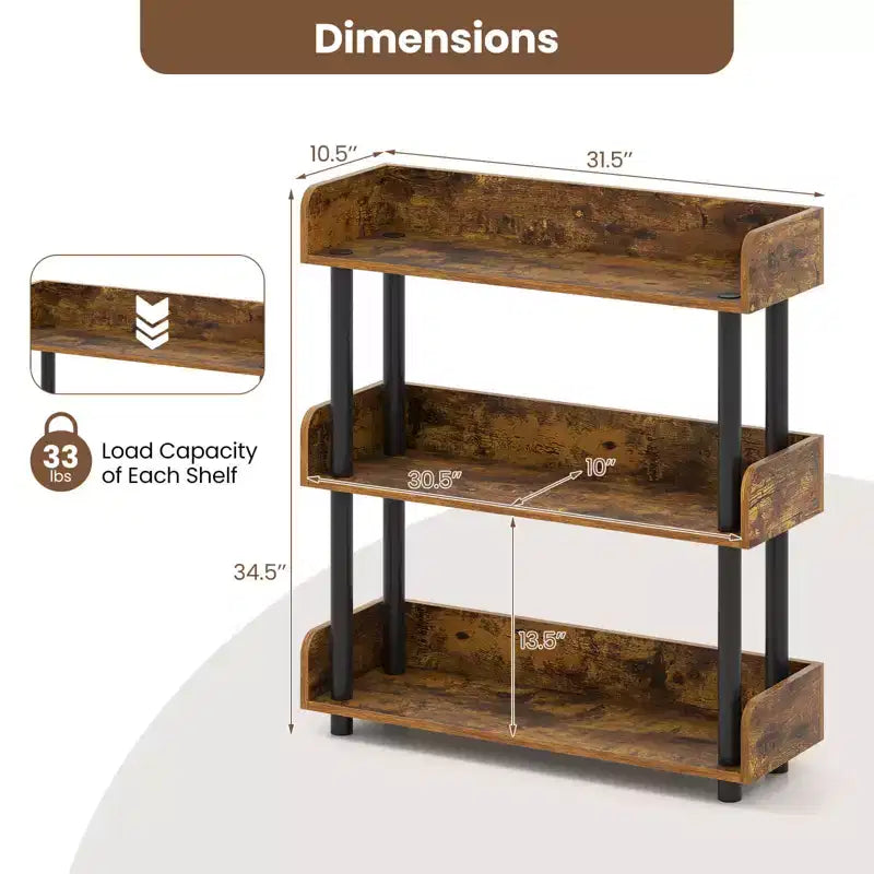 Costway 1/2 PCS 3-Tier Bookshelf with Anti-Tipping Kit, Industrial Storage Unit for Living Room Rustic Brown & Black