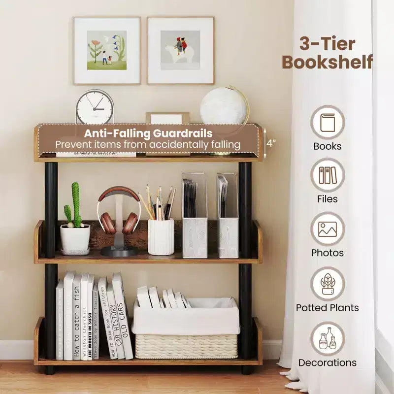 Costway 1/2 PCS 3-Tier Bookshelf with Anti-Tipping Kit, Industrial Storage Unit for Living Room Rustic Brown & Black