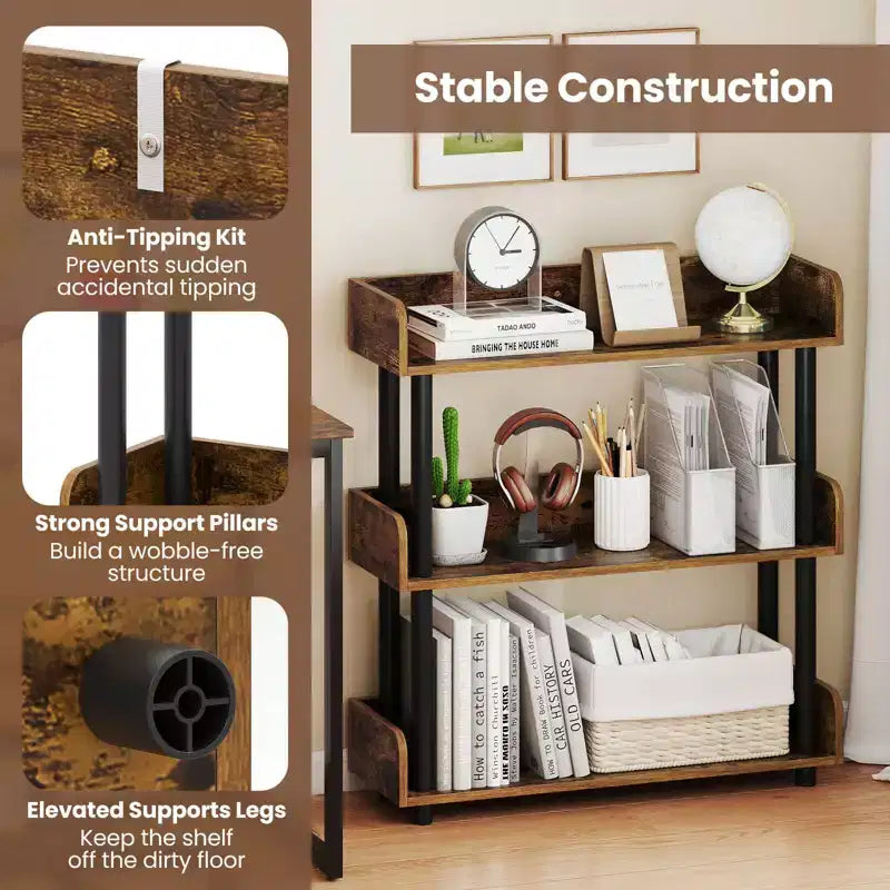 Costway 1/2 PCS 3-Tier Bookshelf with Anti-Tipping Kit, Industrial Storage Unit for Living Room Rustic Brown & Black