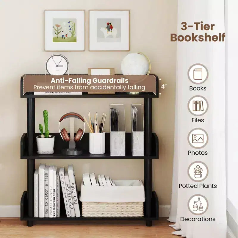 Costway 1/2 PCS 3-Tier Bookshelf with Anti-Tipping Kit, Industrial Storage Unit for Living Room Rustic Brown & Black