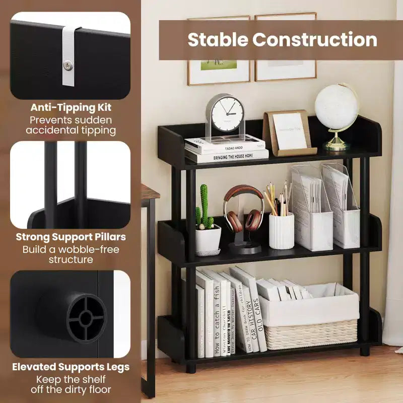 Costway 1/2 PCS 3-Tier Bookshelf with Anti-Tipping Kit, Industrial Storage Unit for Living Room Rustic Brown & Black