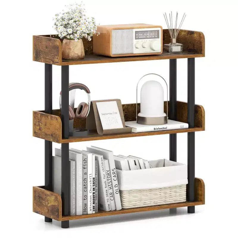 Costway 1/2 PCS 3-Tier Bookshelf with Anti-Tipping Kit, Industrial Storage Unit for Living Room Rustic Brown & Black