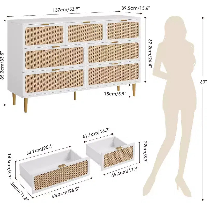 Commode 7 tiroirs en rotin pour chambre à coucher, commode haute avec tiroirs profonds, grande commode pour placard avec plateau large, longue commode en bois