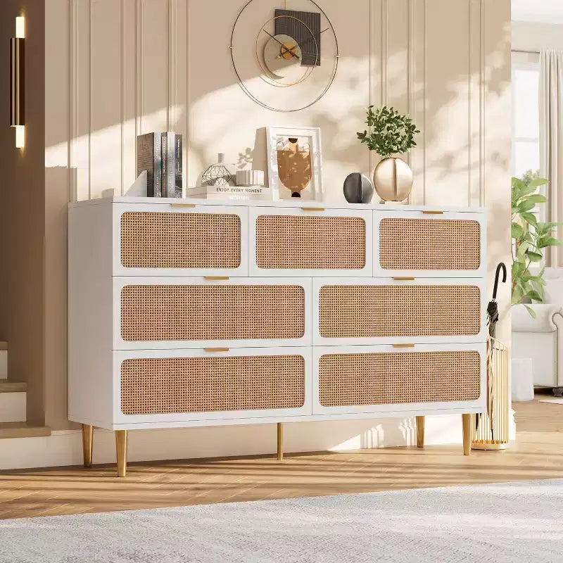 Commode 7 tiroirs en rotin pour chambre à coucher, commode haute avec tiroirs profonds, grande commode pour placard avec plateau large, longue commode en bois