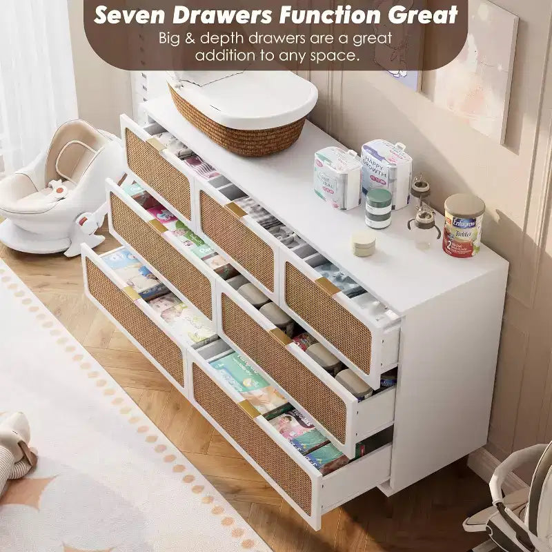 Commode 7 tiroirs en rotin pour chambre à coucher, commode haute avec tiroirs profonds, grande commode pour placard avec plateau large, longue commode en bois