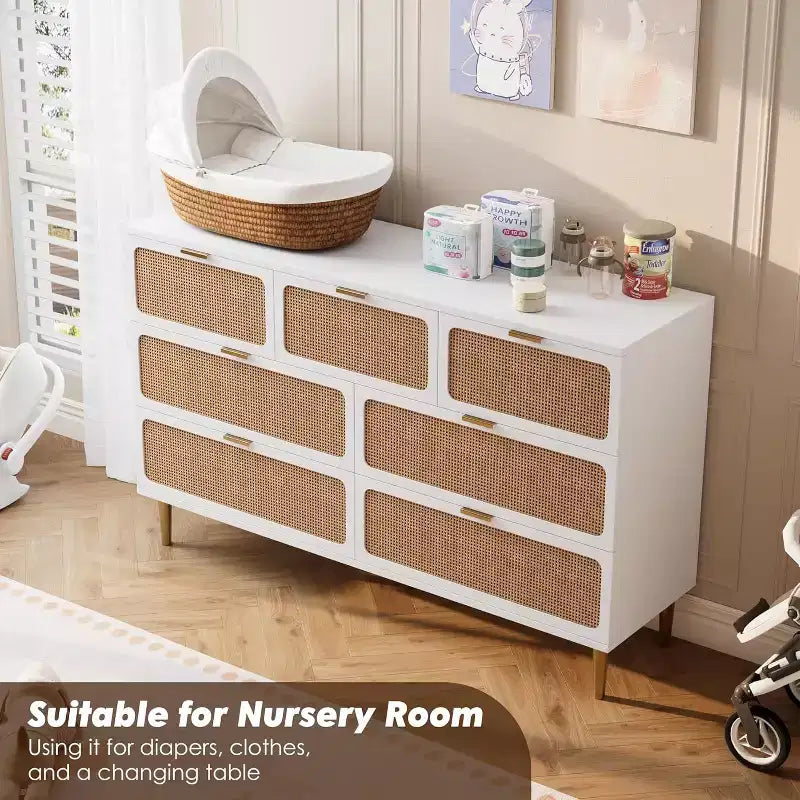 Commode 7 tiroirs en rotin pour chambre à coucher, commode haute avec tiroirs profonds, grande commode pour placard avec plateau large, longue commode en bois