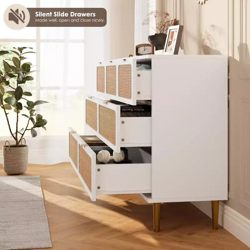 Commode 7 tiroirs en rotin pour chambre à coucher, commode haute avec tiroirs profonds, grande commode pour placard avec plateau large, longue commode en bois