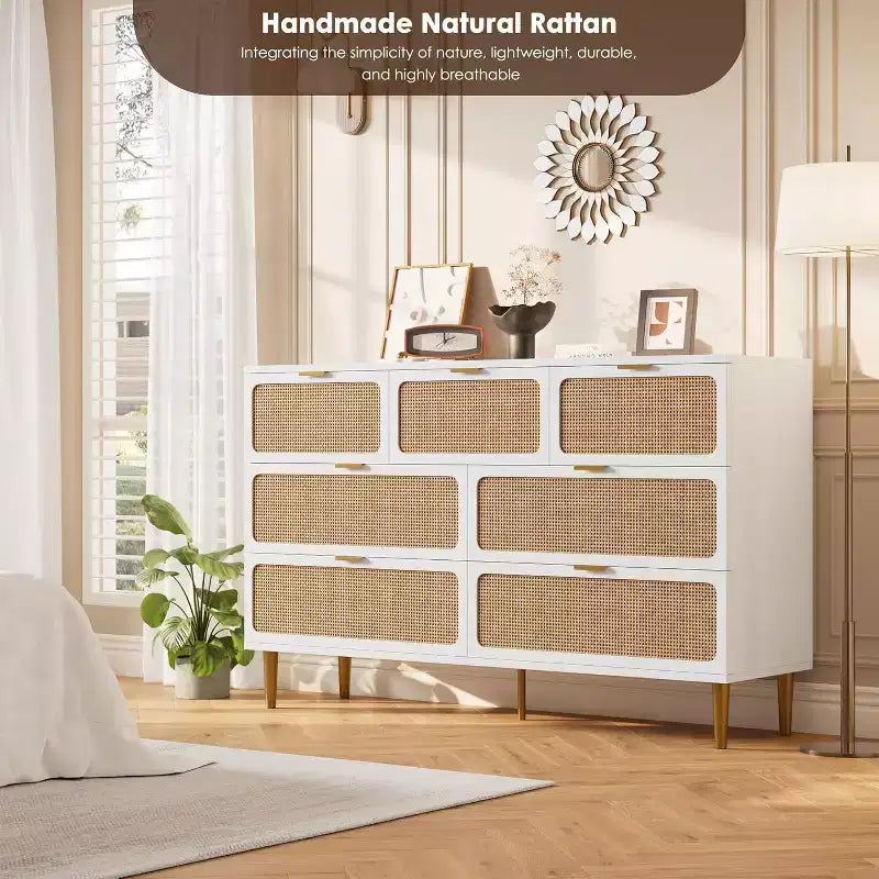 Commode 7 tiroirs en rotin pour chambre à coucher, commode haute avec tiroirs profonds, grande commode pour placard avec plateau large, longue commode en bois