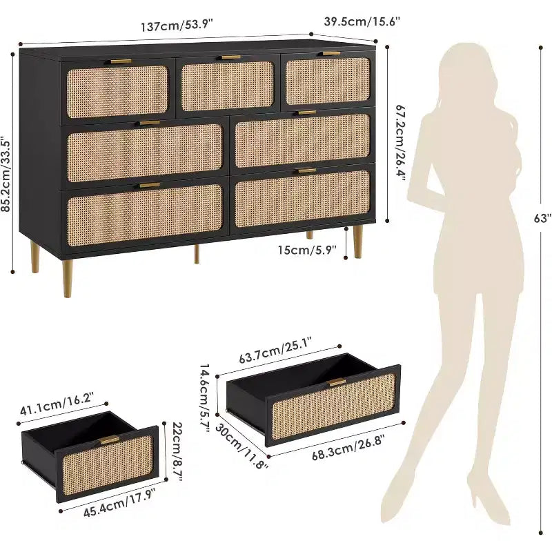 Commode 7 tiroirs en rotin pour chambre à coucher, commode haute avec tiroirs profonds, grande commode pour placard avec plateau large, longue commode en bois