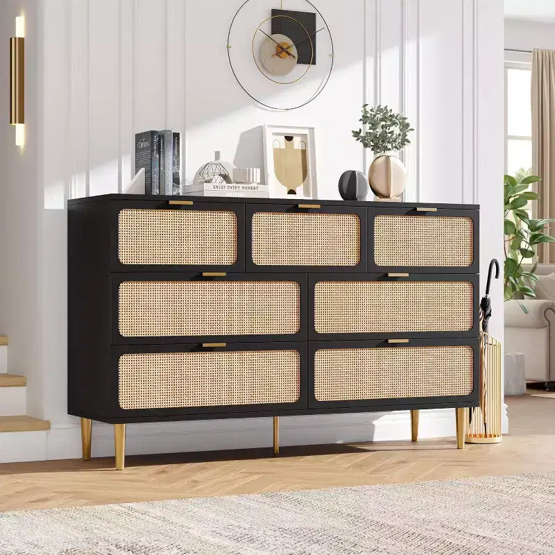 Commode 7 tiroirs en rotin pour chambre à coucher, commode haute avec tiroirs profonds, grande commode pour placard avec plateau large, longue commode en bois