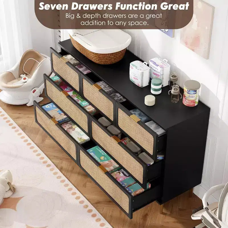 Commode 7 tiroirs en rotin pour chambre à coucher, commode haute avec tiroirs profonds, grande commode pour placard avec plateau large, longue commode en bois