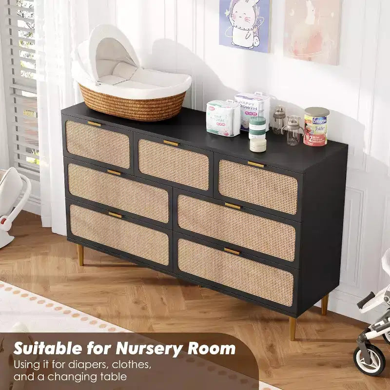 Commode 7 tiroirs en rotin pour chambre à coucher, commode haute avec tiroirs profonds, grande commode pour placard avec plateau large, longue commode en bois