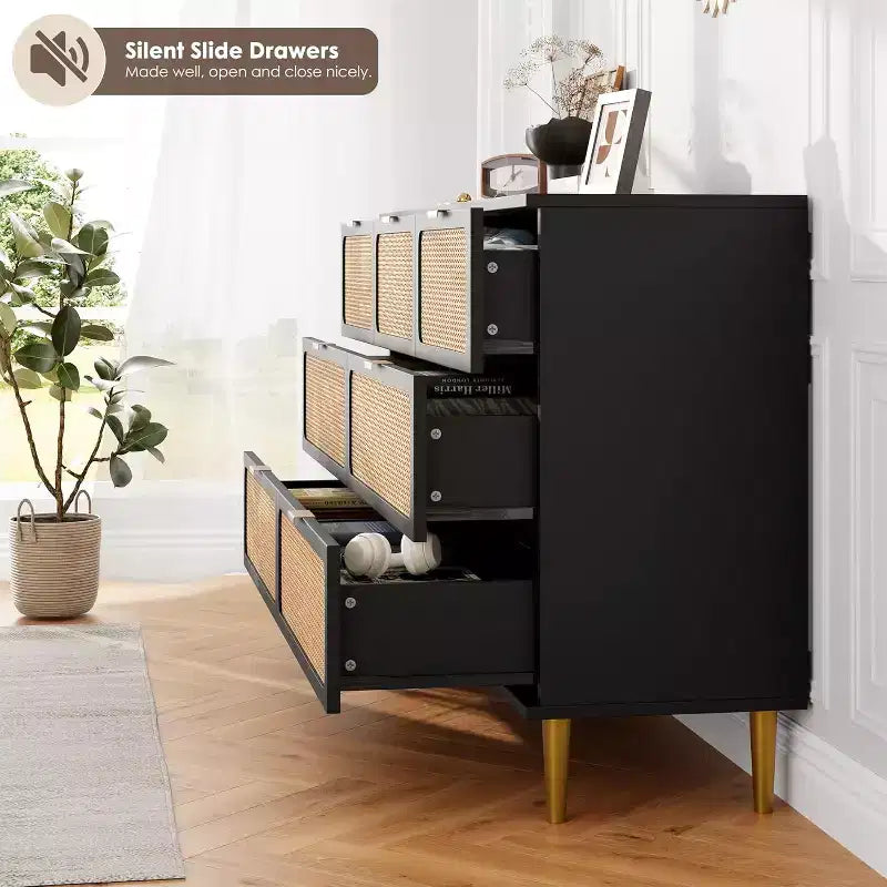 Commode 7 tiroirs en rotin pour chambre à coucher, commode haute avec tiroirs profonds, grande commode pour placard avec plateau large, longue commode en bois