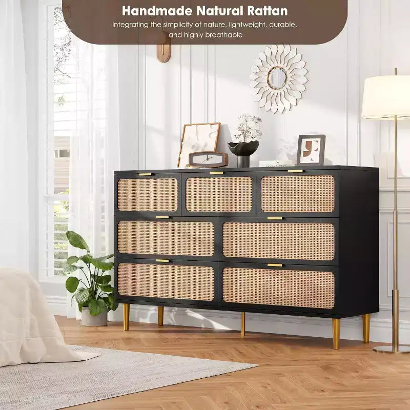 Commode 7 tiroirs en rotin pour chambre à coucher, commode haute avec tiroirs profonds, grande commode pour placard avec plateau large, longue commode en bois