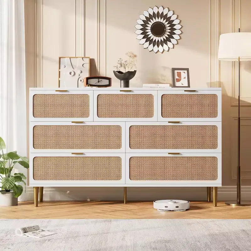 Commode 7 tiroirs en rotin pour chambre à coucher, commode haute avec tiroirs profonds, grande commode pour placard avec plateau large, longue commode en bois