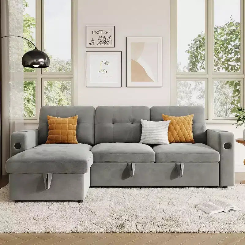 COZONY 84 Sleeper Sofa with Storage, Convertible Velvet Sectional Couch Bed with LED Lights, Reversible Chaise & Pull-Out Bed for Living Room