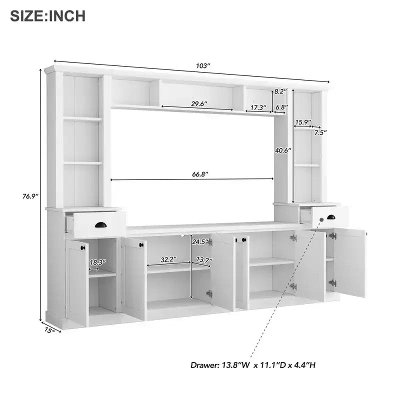 Meuble mural de divertissement TV avec pont 75, meuble de rangement TV avec étagères, grande console média avec étagères réglables
