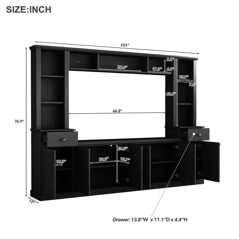 Meuble mural de divertissement TV avec pont 75, meuble de rangement TV avec étagères, grande console média avec étagères réglables