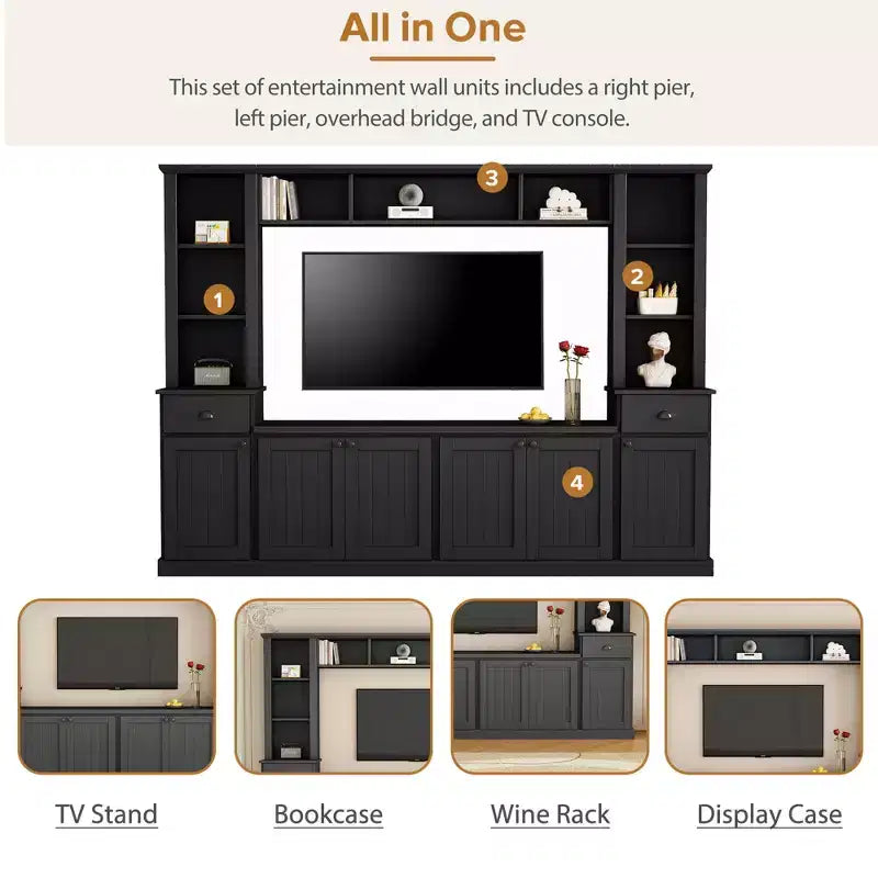 Meuble mural de divertissement TV avec pont 75, meuble de rangement TV avec étagères, grande console média avec étagères réglables