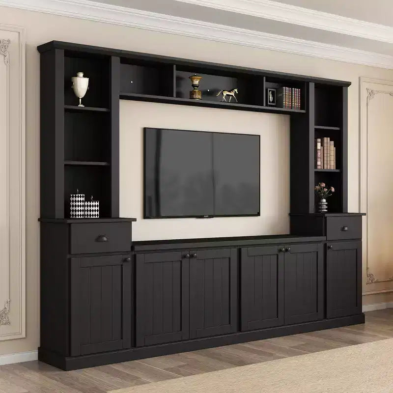 Television Entertainment Wall Unit Set with Bridge 75, TV Stand Storage Cabinet with Bookshelves, Large Media Console with Adjustable Shelves