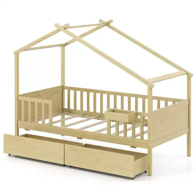 Costway Twin House Bed w/ 2 Storage Drawers Roof & Fence Rails Headboard & Footboard