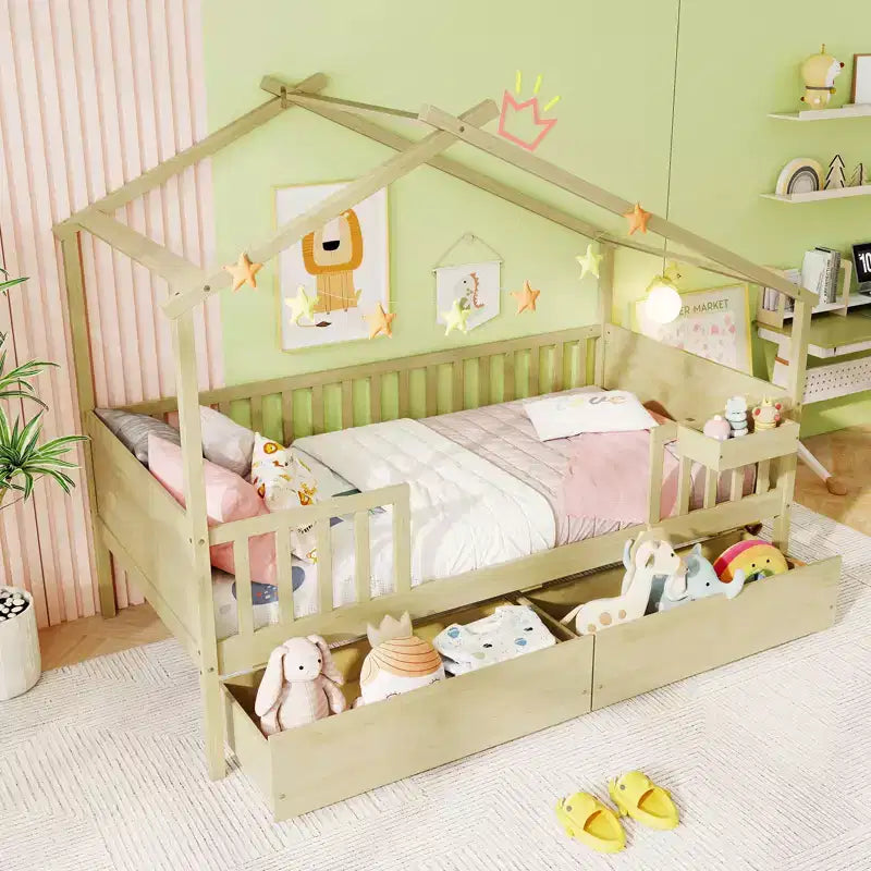 Costway Twin House Bed w/ 2 Storage Drawers Roof & Fence Rails Headboard & Footboard