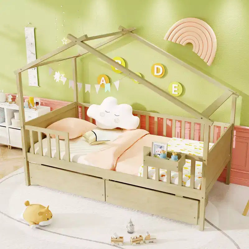 Costway Twin House Bed w/ 2 Storage Drawers Roof & Fence Rails Headboard & Footboard