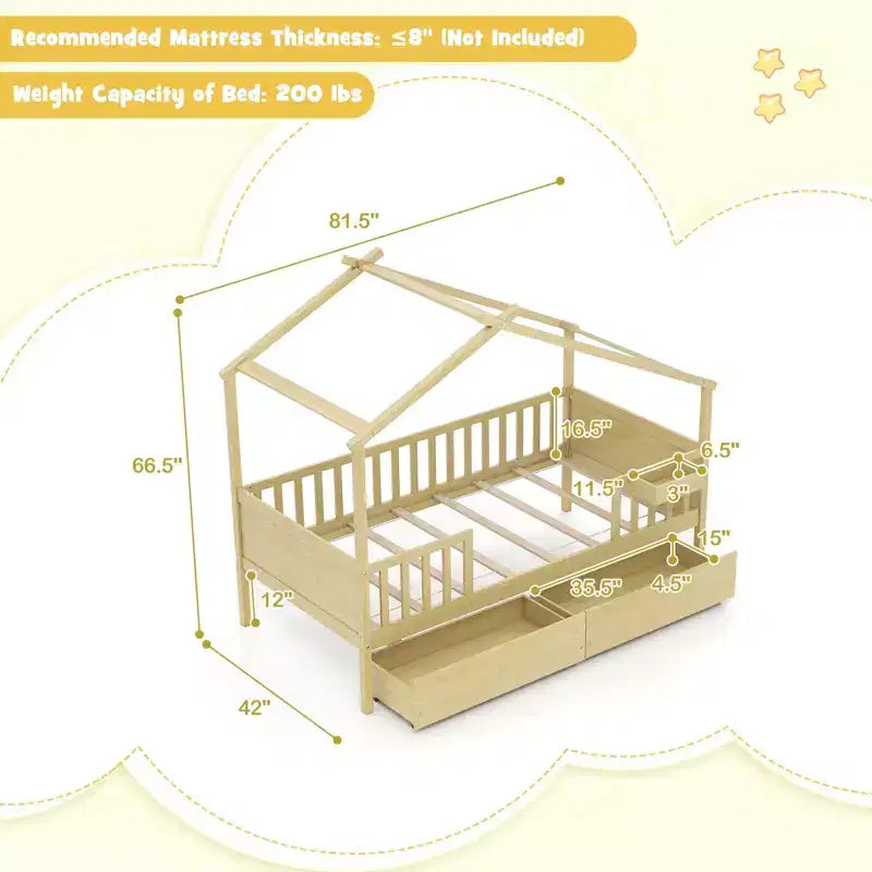 Costway Twin House Bed w/ 2 Storage Drawers Roof & Fence Rails Headboard & Footboard