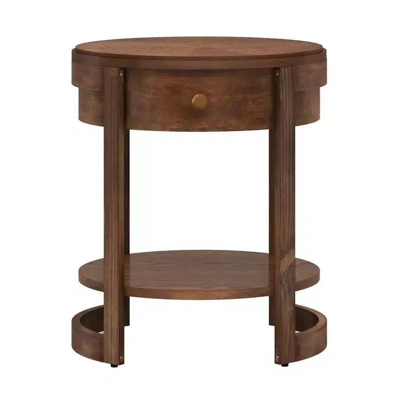 Table de chevet à 2 niveaux avec étagère et tiroir en bois veiné rond blanc/marron