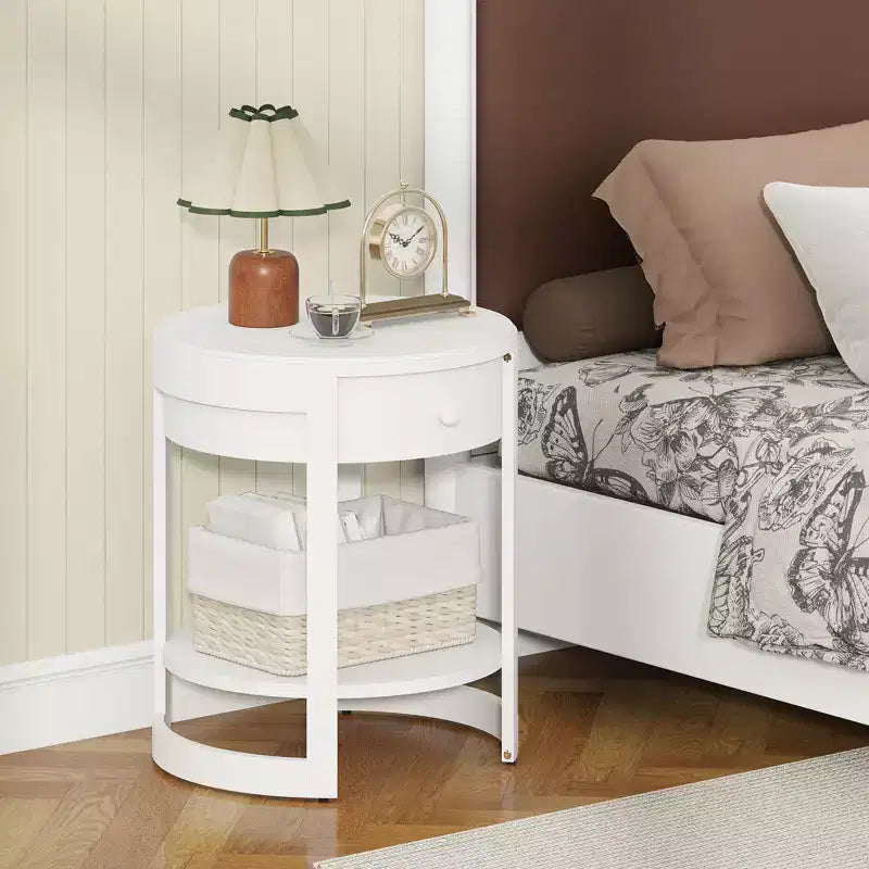Table de chevet à 2 niveaux avec étagère et tiroir en bois veiné rond blanc/marron