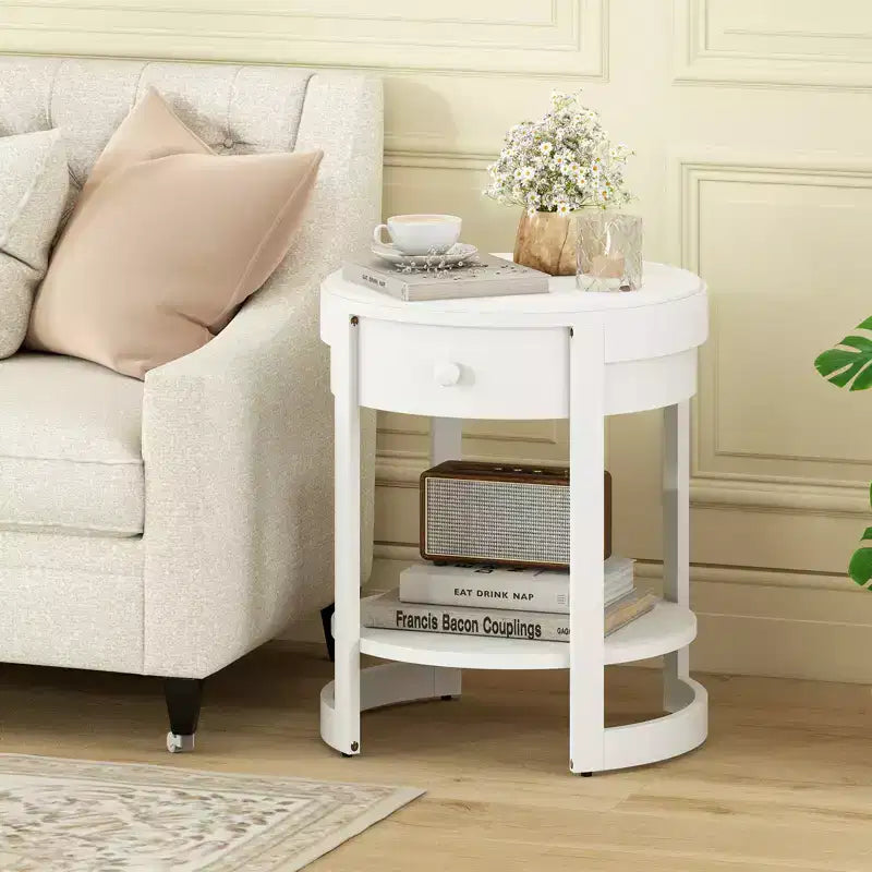 Costway 2-Tier Nightstand w/ Shelf & Wood Grains Drawer Round White/Brown