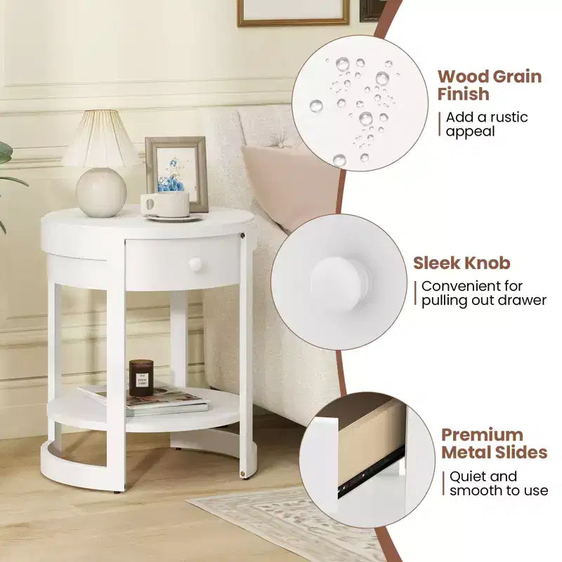 Table de chevet à 2 niveaux avec étagère et tiroir en bois veiné rond blanc/marron