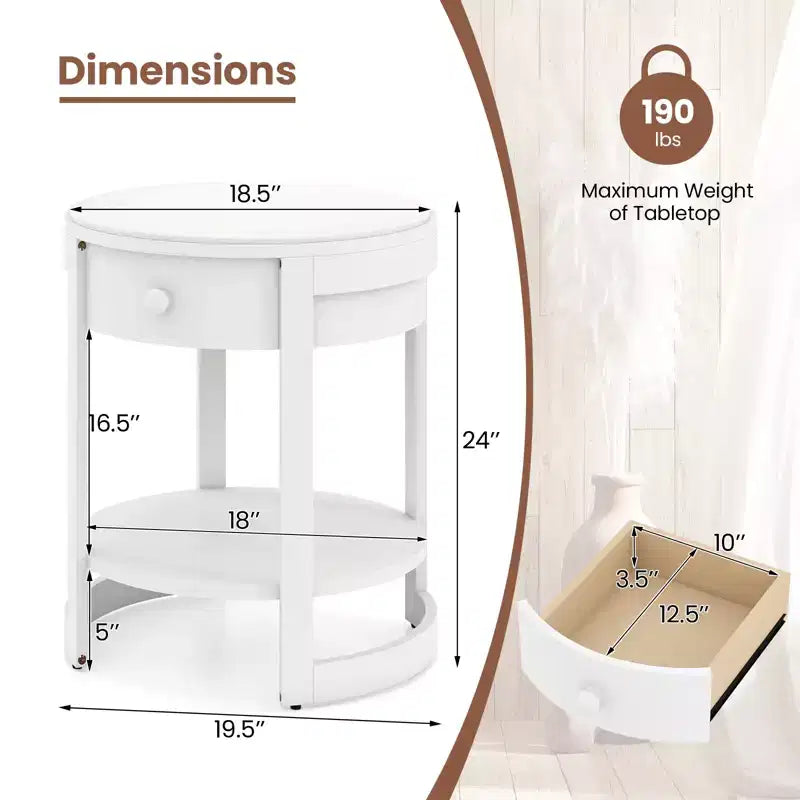 Table de chevet à 2 niveaux avec étagère et tiroir en bois veiné rond blanc/marron