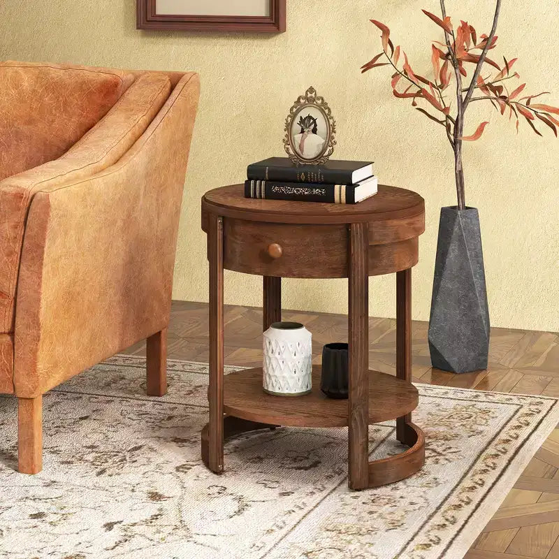Table de chevet à 2 niveaux avec étagère et tiroir en bois veiné rond blanc/marron