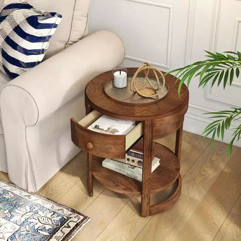 Table de chevet à 2 niveaux avec étagère et tiroir en bois veiné rond blanc/marron