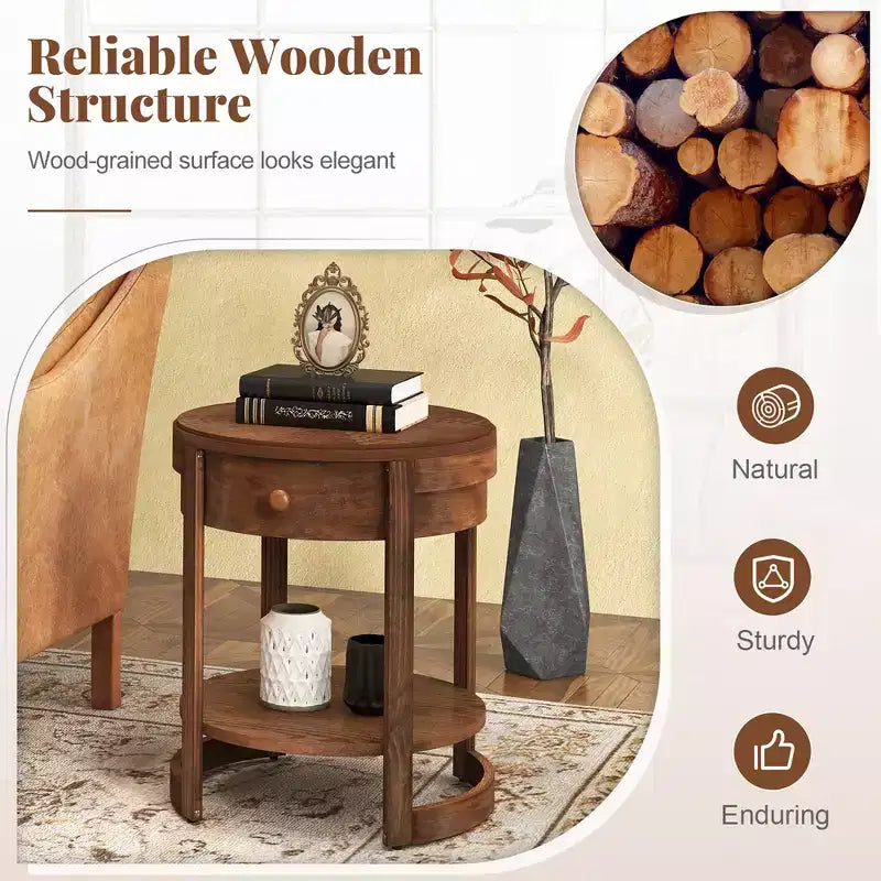 Table de chevet à 2 niveaux avec étagère et tiroir en bois veiné rond blanc/marron